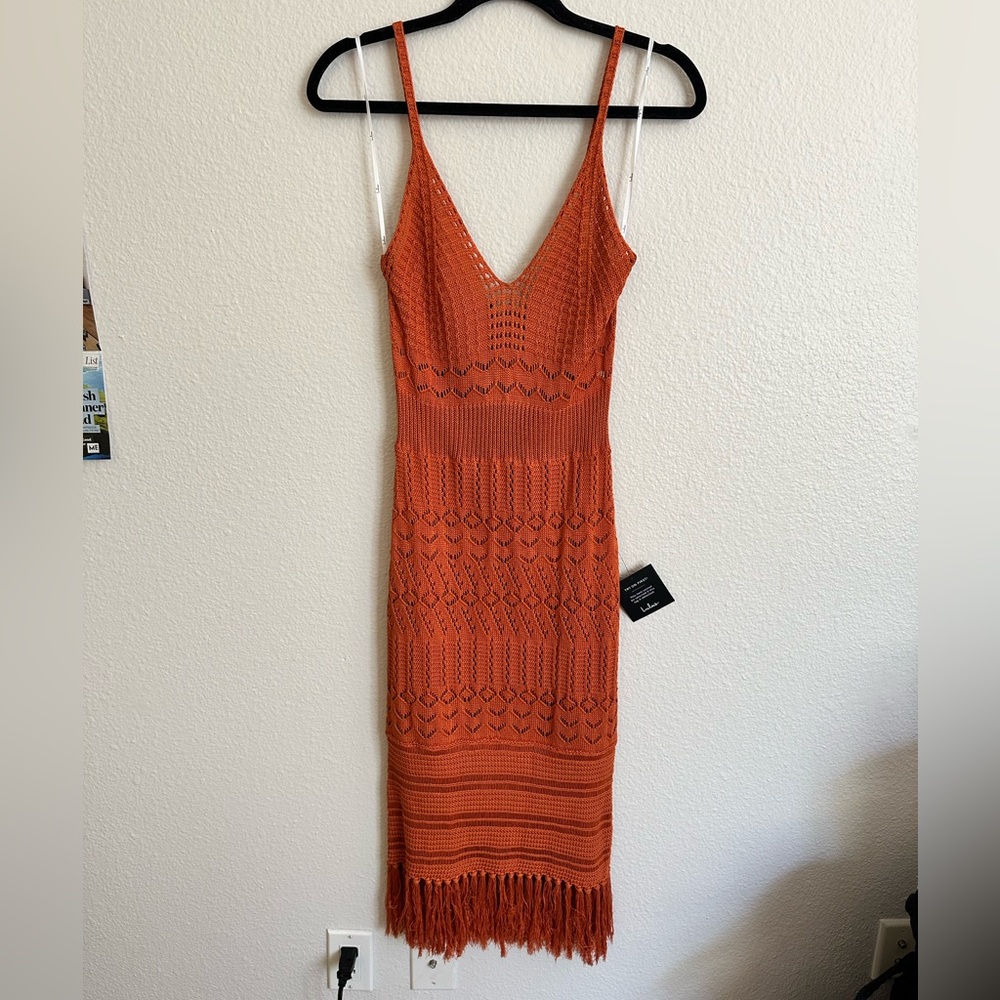 Lulus- Burnt Orange Boho Crochet Fringe Midi-dress. Size Medium